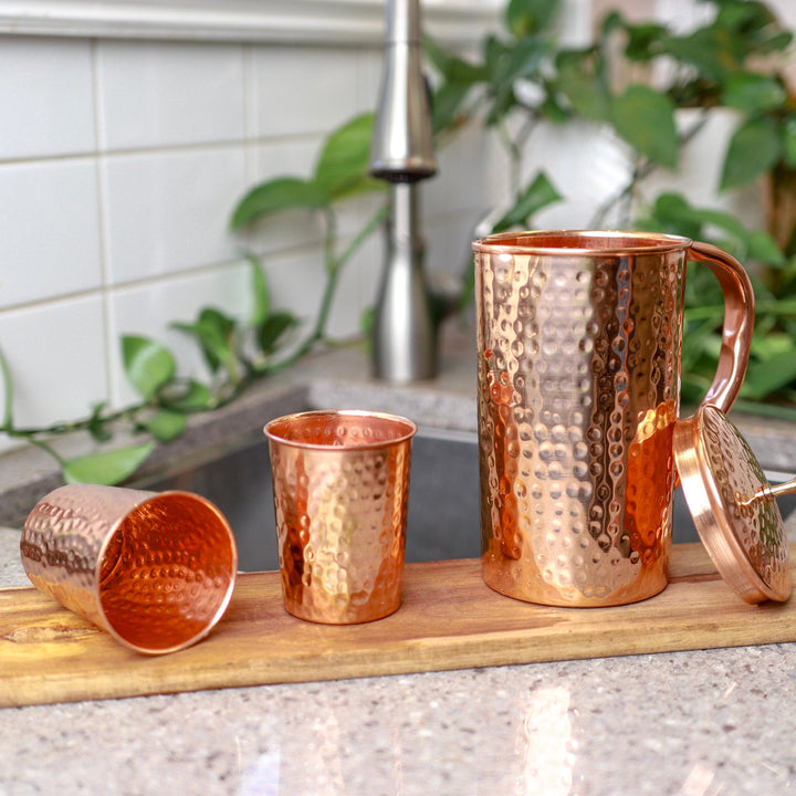 Copper Hammered Jug & 4 Glass Set – Skin & Digestion Boost – The