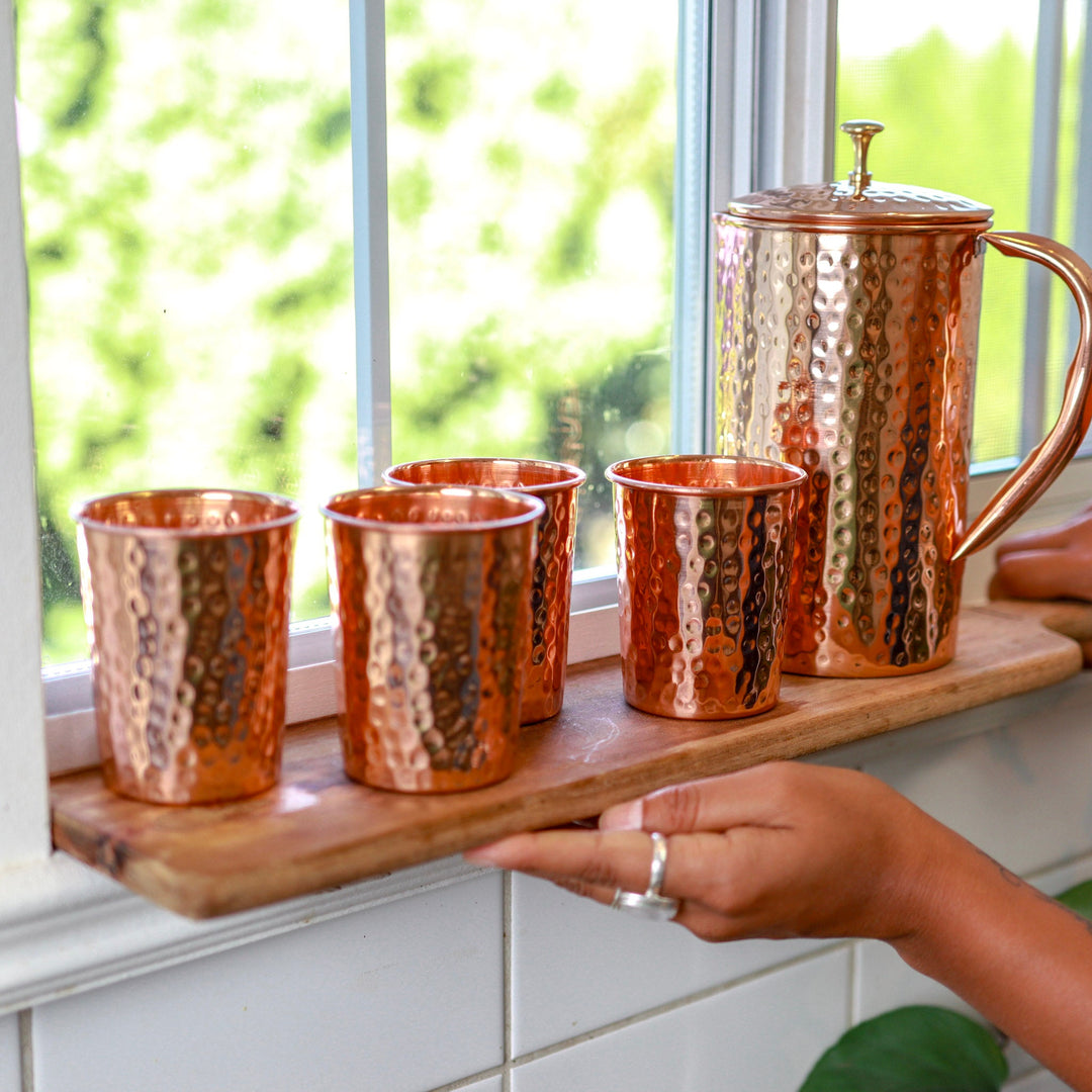 Copper Hammered Jug & 4 Glass Set – Skin & Digestion Boost – The